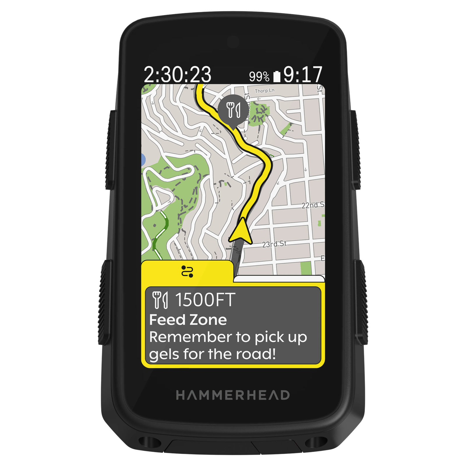 Ciclista usando el Hammerhead Karoo 3 en ruta de gravel